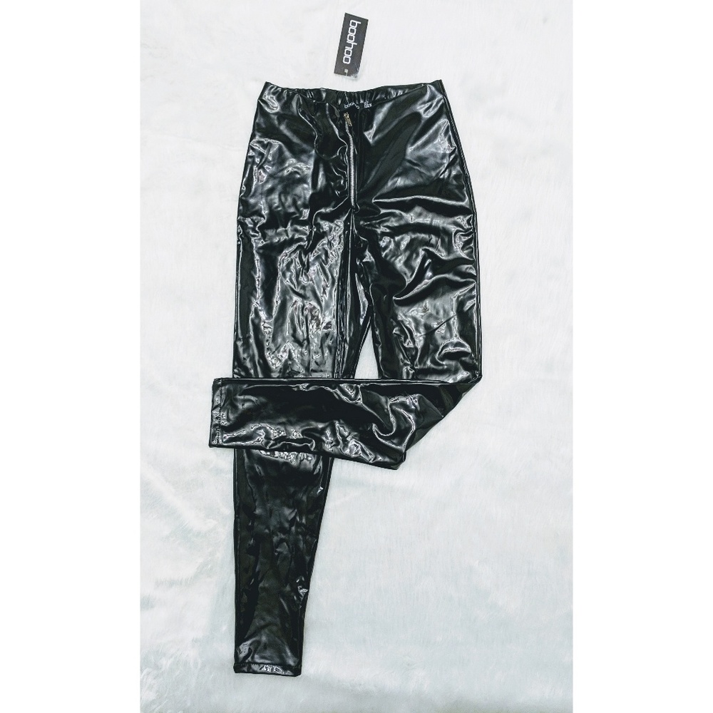 High rise black vinyl leggings